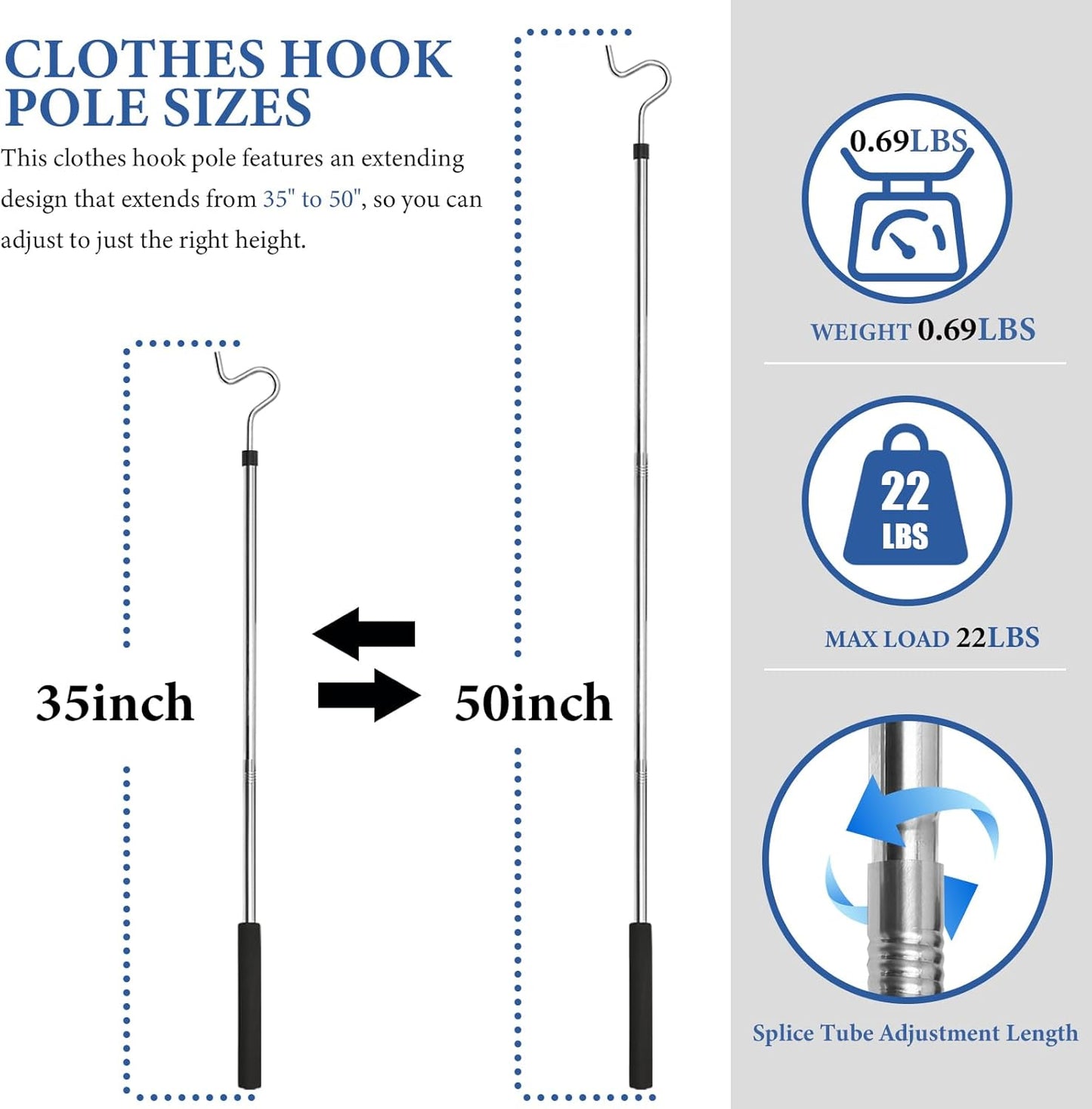 Adjustable Clothes Hook Pole – 35" to 50" Extendable Garment Retrieval Stick, Lightweight Hanger Hook with 22 lbs Load Capacity