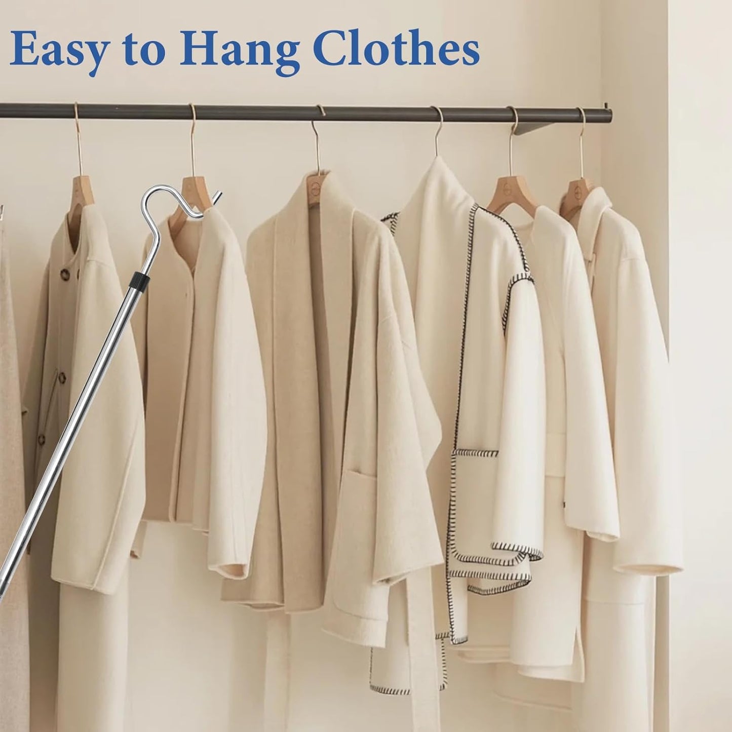 Adjustable Clothes Hook Pole – 35" to 50" Extendable Garment Retrieval Stick, Lightweight Hanger Hook with 22 lbs Load Capacity