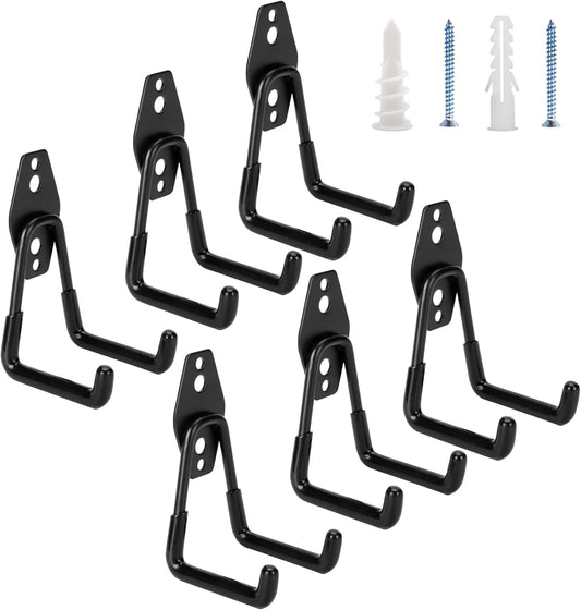 6 Pcs Heavy Duty Double Arm Wall Hooks with Screws – Garage Tool Storage Hangers