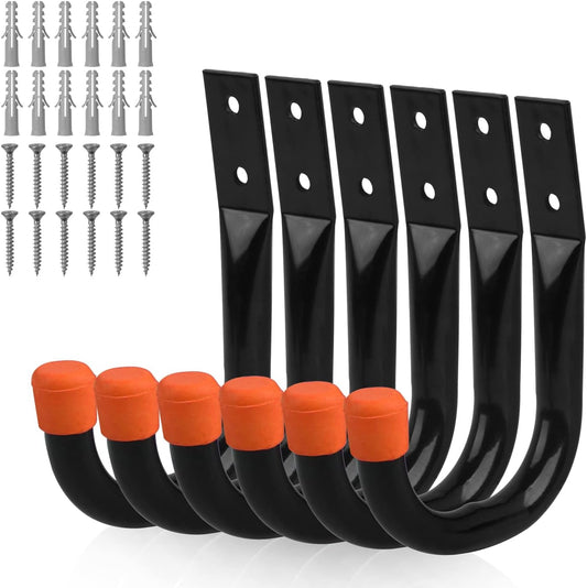 6 Pcs Heavy Duty Wall Mount Storage Hooks – Garage Organizer Tool Hangers with Non-Slip Rubber Coating