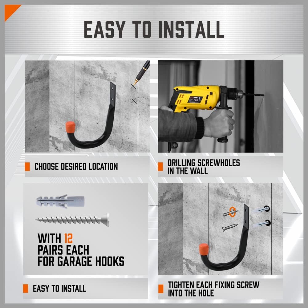 6 Pcs Heavy Duty Wall Mount Storage Hooks – Garage Organizer Tool Hangers with Non-Slip Rubber Coating