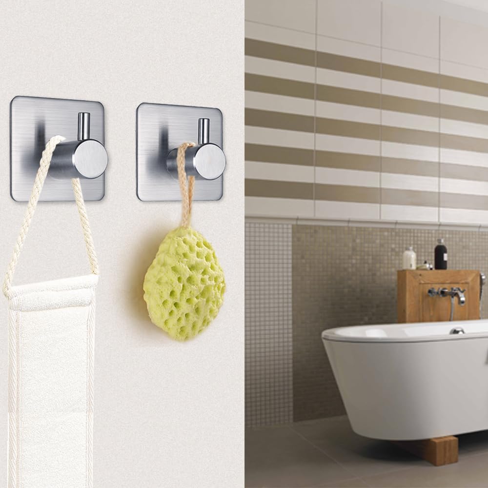 4 Pcs Stainless Steel Adhesive Wall Hooks – Heavy Duty No-Drill Waterproof Hangers for Bathroom, Kitchen, and Home Organization