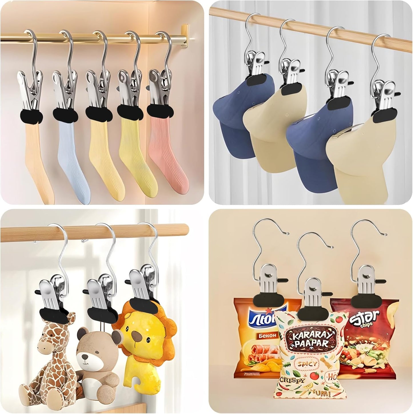 30 Pcs Stainless Steel Hanging Clips with Hooks – Multi-Purpose Strong Grip Clips for Clothes, Curtains, and Display