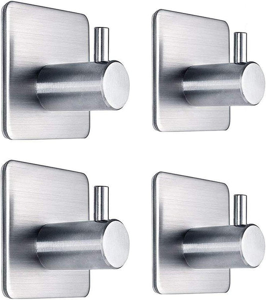 4 Pcs Stainless Steel Adhesive Wall Hooks – Heavy Duty No-Drill Waterproof Hangers for Bathroom, Kitchen, and Home Organization