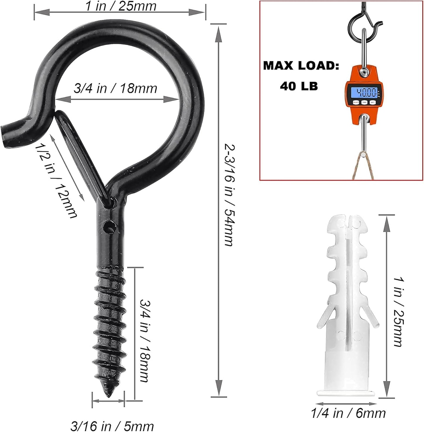 20 Pcs Heavy Duty Screw-in Ceiling Hooks with Expansion Tubes – Metal Ring Hooks for Plants, Lights, Tools, and Storage