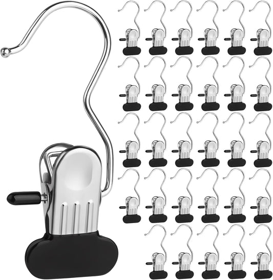 30 Pcs Stainless Steel Hanging Clips with Hooks – Multi-Purpose Strong Grip Clips for Clothes, Curtains, and Display