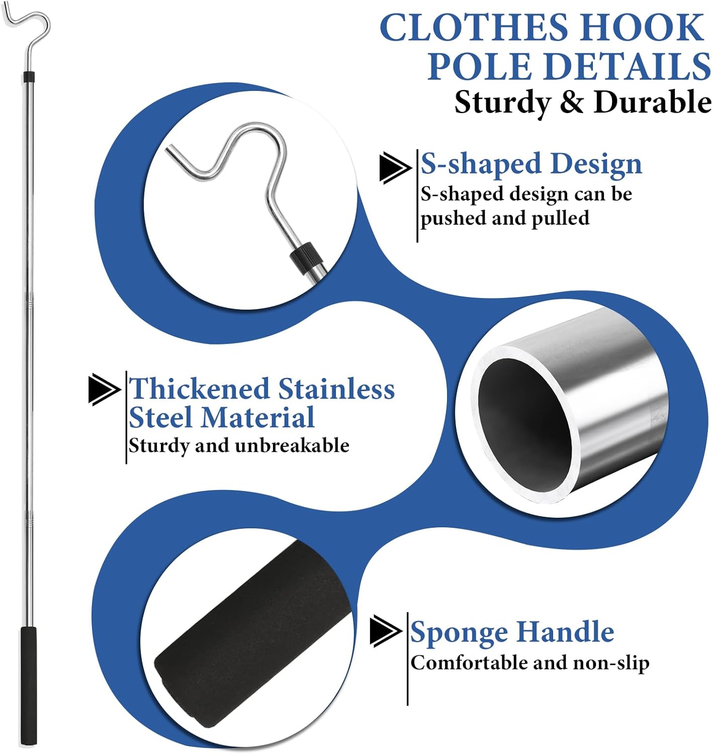 Adjustable Clothes Hook Pole – 35" to 50" Extendable Garment Retrieval Stick, Lightweight Hanger Hook with 22 lbs Load Capacity