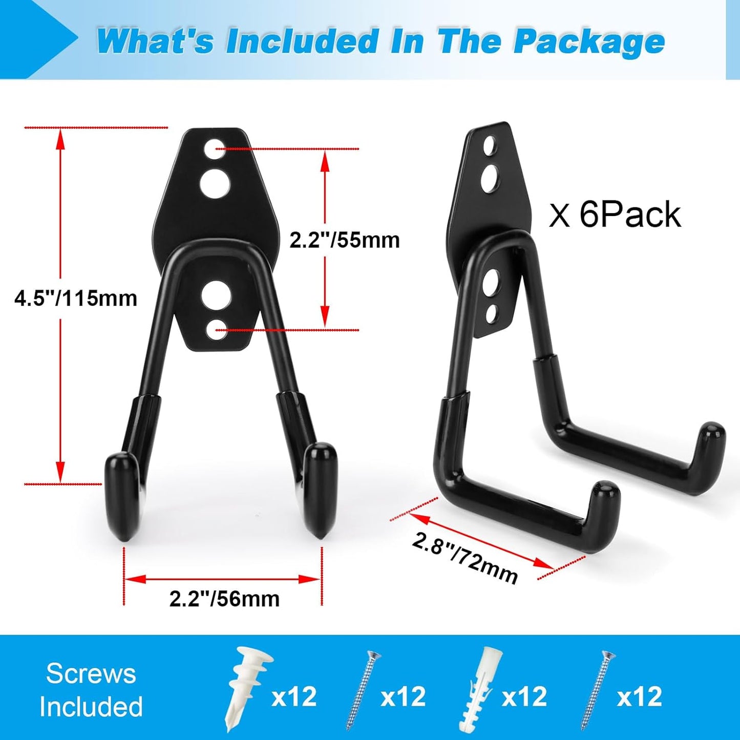 6 Pcs Heavy Duty Double Arm Wall Hooks with Screws – Garage Tool Storage Hangers